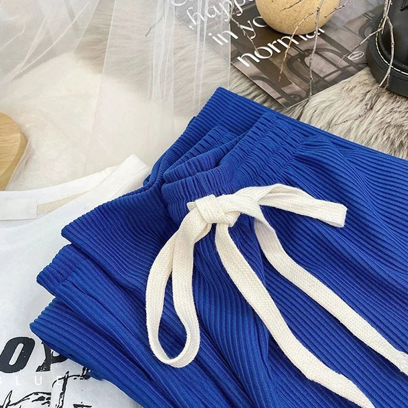 Women High Stretch Waist Wide Leg Pants Summer Drawstring Loose Long Rib Knitted Trousers