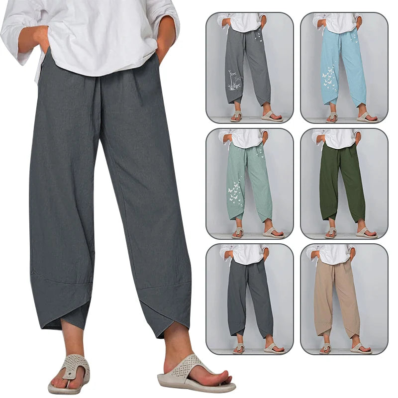 Women Summer Cotton Linen Pants Casual Baggy Harem Pants  Solid Color Elastic Waist Wide Leg Pants Female Loose Trousers  S-5XL