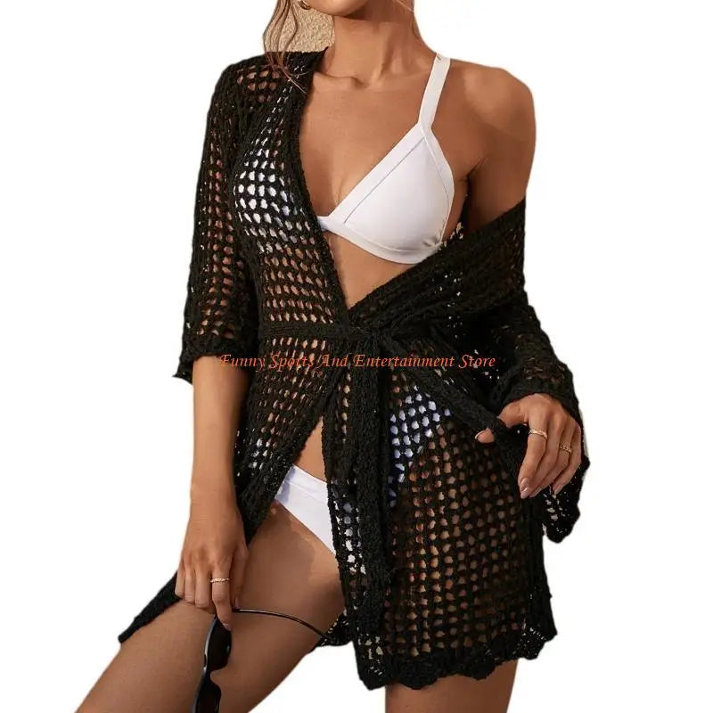 C4DE Women Beachwear Swimsuit Cover Up Knitting Crochet Beach Cover Up Dress Hollow out Beach Dress Girls Pareos for Summer