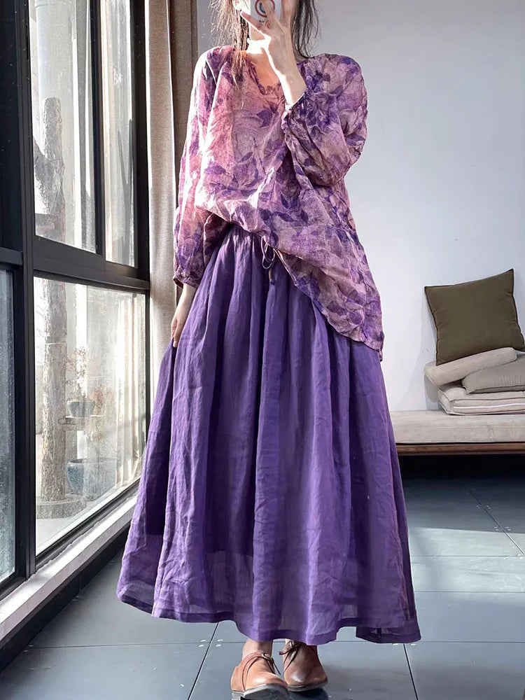 Slimming Printed Cotton Linen f Skirt And irt Two-Piece Set Summer 2023 Sweet Sle Loose Fit Long Sve round Ne