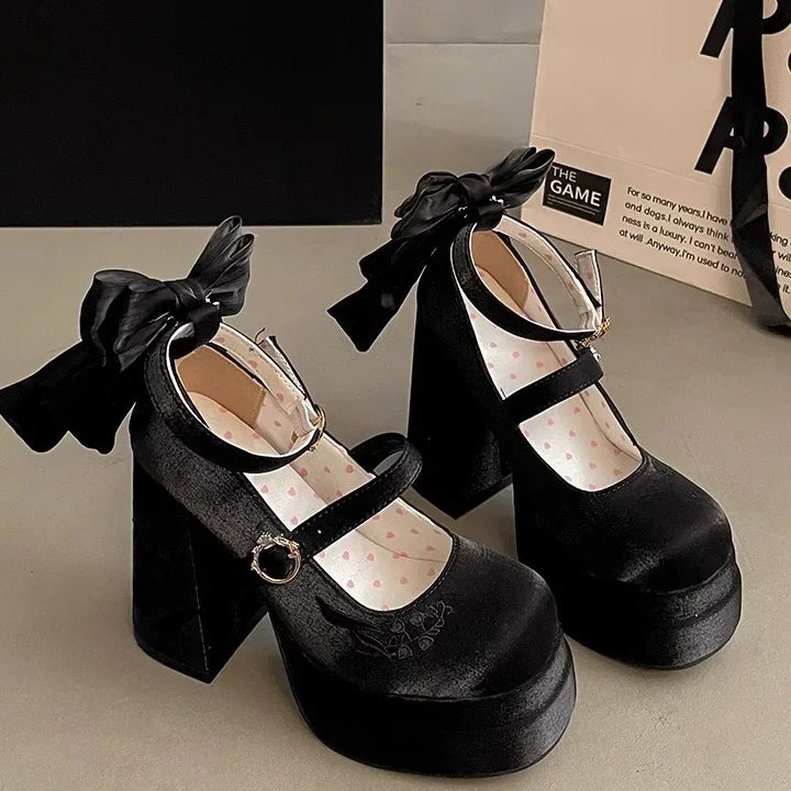Women High Heel Shoes Lolita Pumps Fashion Spring Autumn Ladies Outdoor Retro Bow Mary Jane French Elegant 6-8cm High Heels