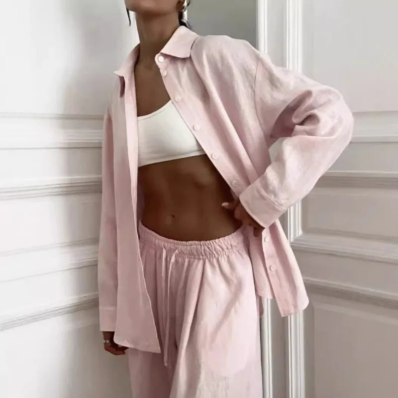 Women Pink Linen Two Piece Set Oversized Long Sleeve Shirt Elastic Waist Wide Leg Pants Casual Outfit