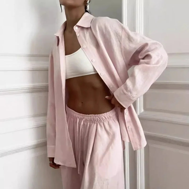 Women Pink Linen Two Piece Set Oversized Long Sleeve Shirt Elastic Waist Wide Leg Pants Casual Outfit