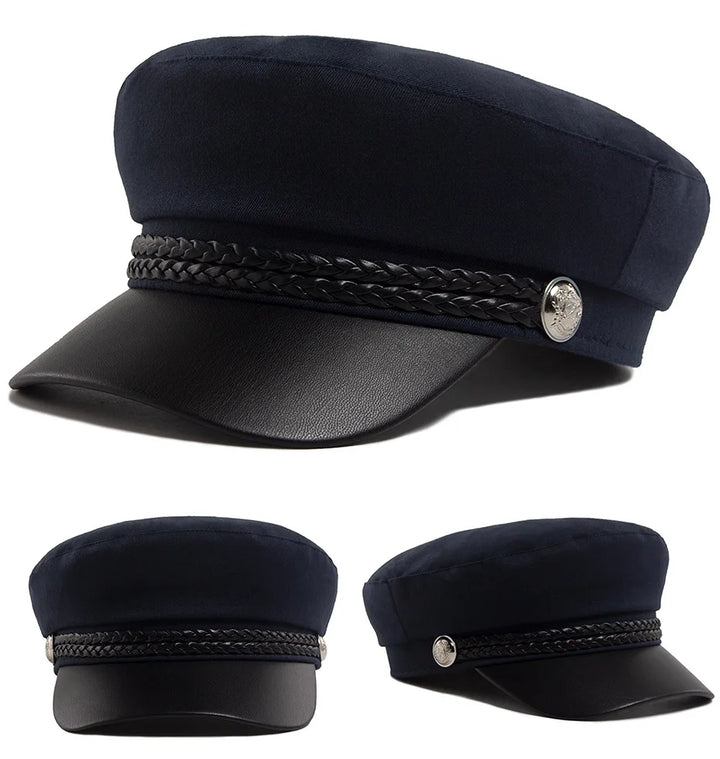 Flat Top Newsboy Cap Streetwear Women Vintage Sailor Cap Daily Wear British Style Cadet Cap PU Leather Brim Peaked Beret Travel