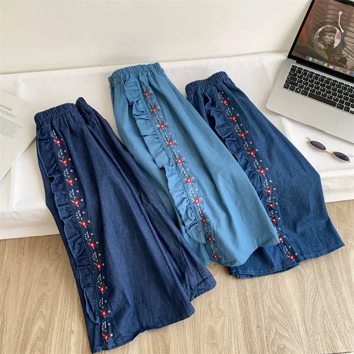 Women Denim Midi Skirt Vintage Floral Embroidery Ruffled Split A‑Line Skirt Elastic High Waist Casual Boho Long Jean Skirt