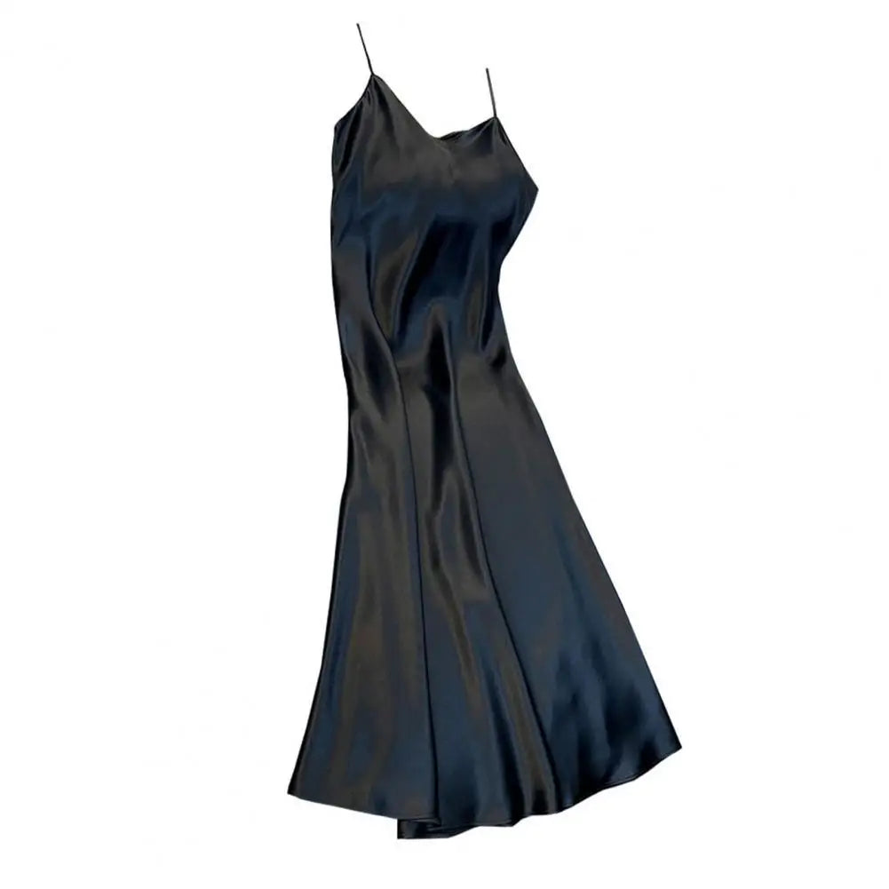 Women Slip Dress Silky Satin V Neck Backless Sleeveless Spaghetti Strap Prom Party Dress A-line Loose Hem Strappy Dress
