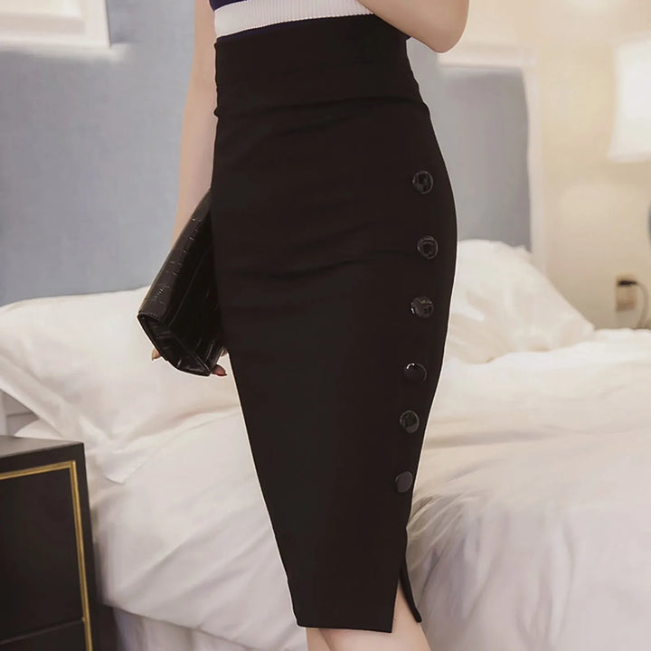 Elegant Women Vintage Office Skirt Lady Slim High Waist Buttons Slit Pencil Skirts Women Summer Sexy Stretch Midi Skirts