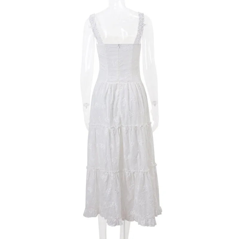 White Square Collar Maxi Dress for Women Fashion Ruffles Lace-Up High Waisted Long Dresses Summer Holiday Suspender Beach Dress