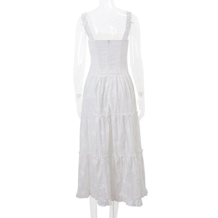 White Square Collar Maxi Dress for Women Fashion Ruffles Lace-Up High Waisted Long Dresses Summer Holiday Suspender Beach Dress