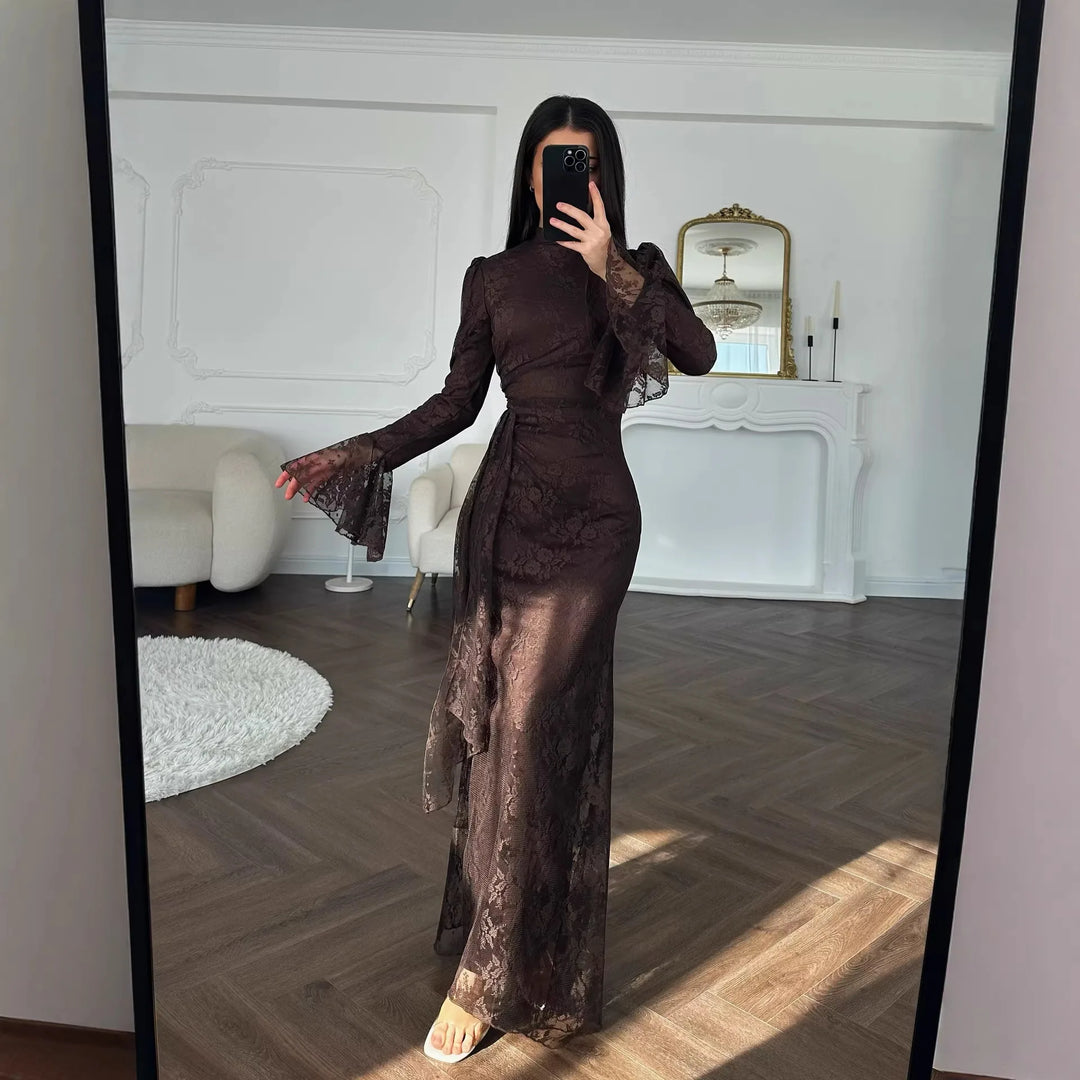 Women Lace Fitted Dresses Solid Evening Dress H Line Ankle Lenth Bell Sleeve Waist Cinch Slim Fit Party Sexy Elegant 2026 Summer