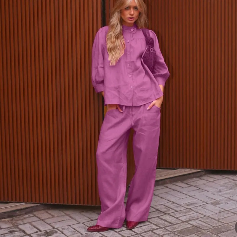 Women Solid Linen Two Piece Matching Set Stand Collar Button Down Shirt Drawstring Wide Leg Pants Casual Holiday Office Outfit