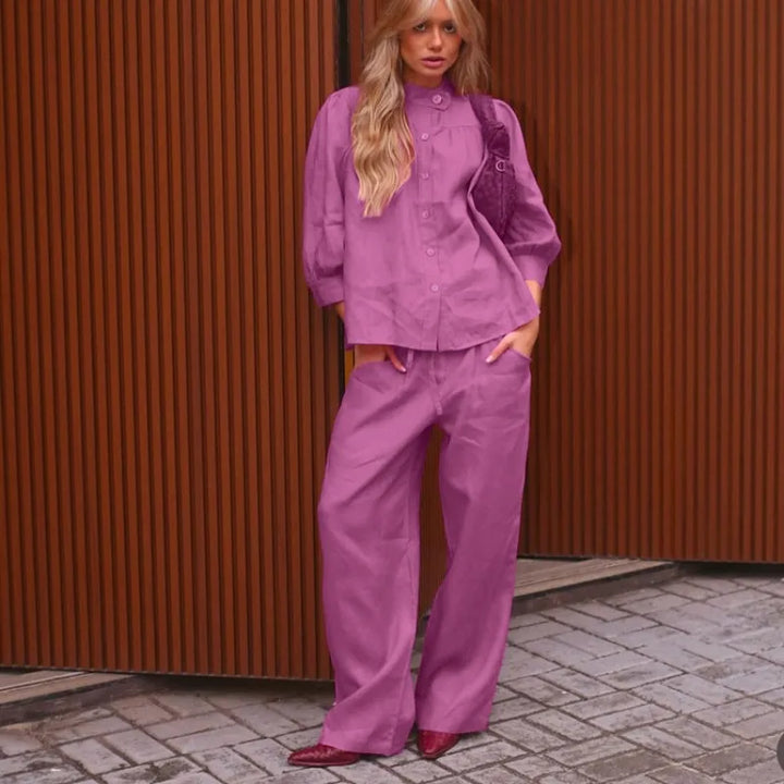 Women Solid Linen Two Piece Matching Set Stand Collar Button Down Shirt Drawstring Wide Leg Pants Casual Holiday Office Outfit