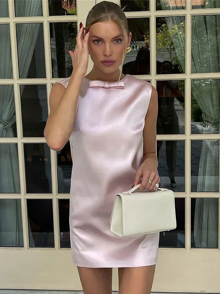 Satin Mini Dress For Women Sexy Backless Bow Clothes Sleeveless Tank Dresses Femme 2023 Party Elegant Evening Dress Woman