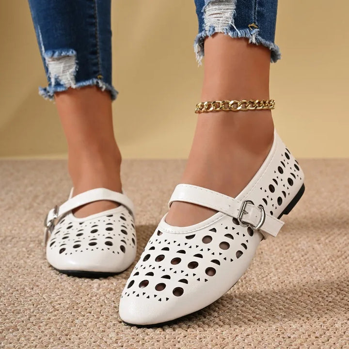 Women Hollow Out Mary Jane Flats Summer Breathable Flat Shoes Buckle Strap Soft Non Slip Sole Daily Walking Ladies Casual Shoes