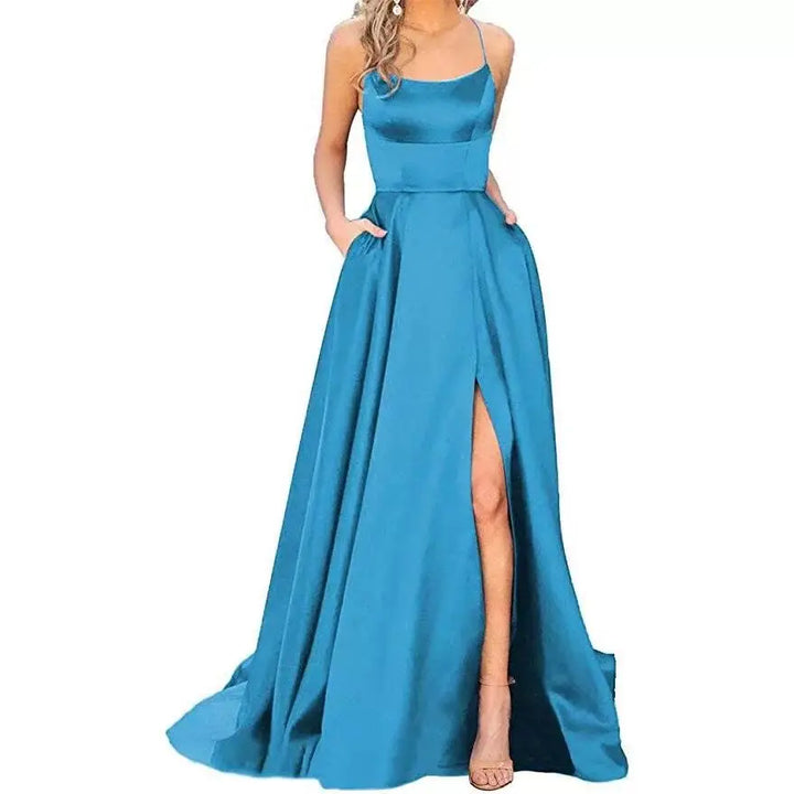 Satin Beach Maxi Women Dress for Christmas Sexy Side Slit Adjustable Straps Evening Prom Dress Cheap Bridesmaid Dresses Sexy cam
