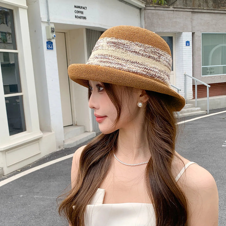 Straw  Fedora Hat  Bowler hat Short Brim Wool Felt Panama Cap  Sun Summer Hemming  Beach Hat for Women