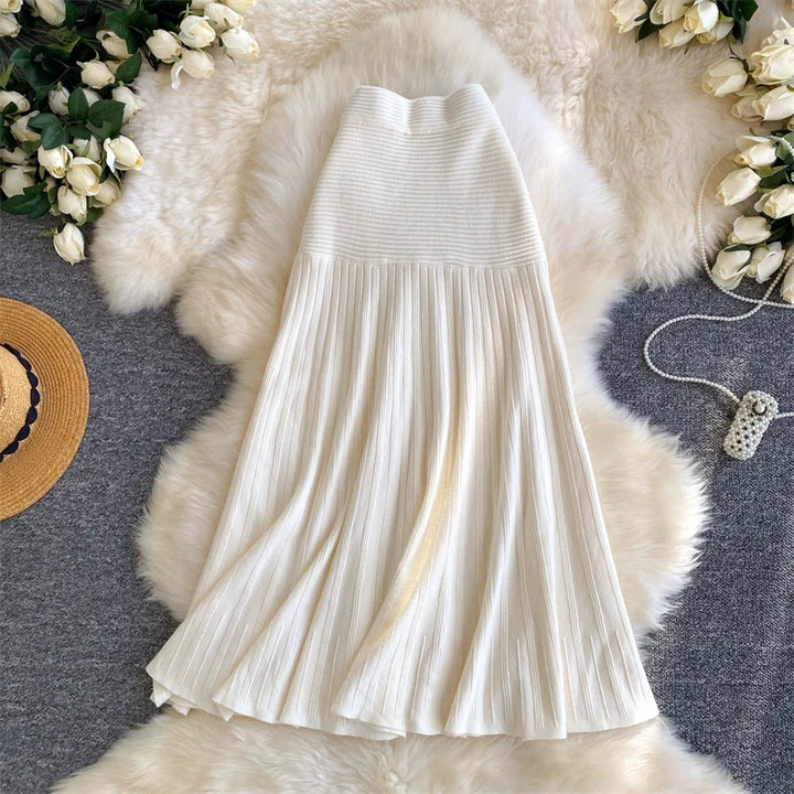 Women Ribbed Knit Pleated Midi Skirt Elastic High Waist A Line Flowy Long Skirt Korean Solid Color Casual Winter Knit Skirts