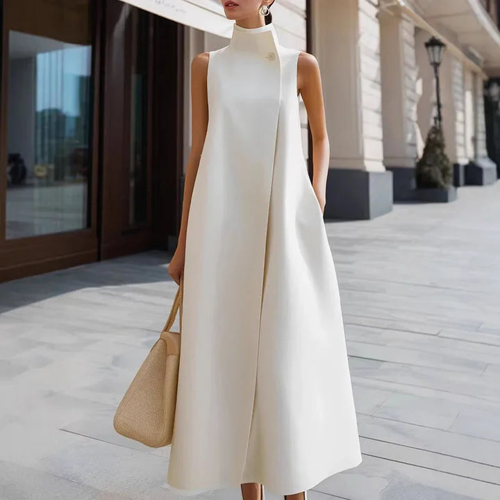 Simple Fashion Single Button High Neck Maxi Dress Women Spring Solid Pocket A-Line Long Dress Summer Sleeveless Bohemian Dresses