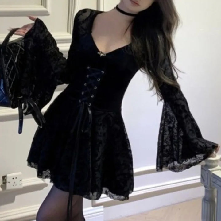 Black Velvet Dresses For Women Flare Sleeve Birthday Party Vestidos Mujer Autumn Winter Korean Fashion Mini Dress