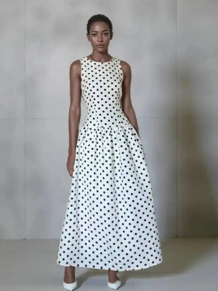 Polka Dot Maxi Dresses Women Elegant Square Neck Lotus Hem Long Gowns Chic Lady Sleeveless High Waist Cinched Summer Robes P3EP