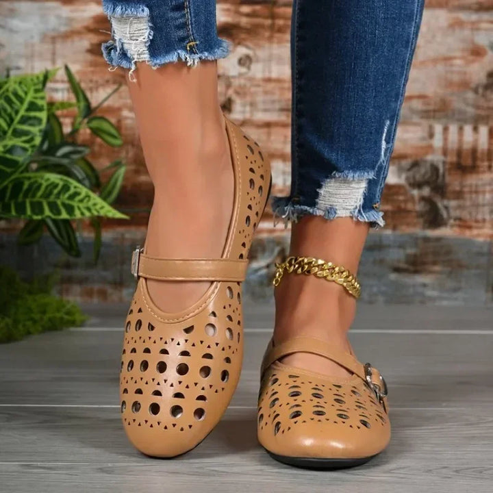 Women Hollow Out Mary Jane Flats Summer Breathable Flat Shoes Buckle Strap Soft Non Slip Sole Daily Walking Ladies Casual Shoes