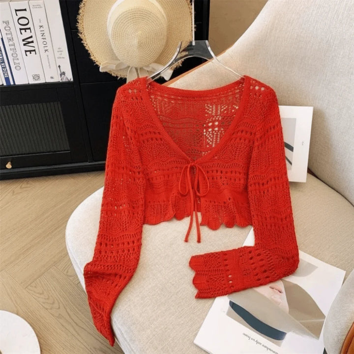 Fashion Hollow Out Knitted Cardigan Thin V-Neck Sun-Proof Tops Long Sleeve Casual Outwear Summer