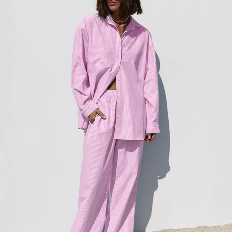 Women Striped Two Piece Outfit Loose Long Sleeve Shirt Drawstring Wide Leg Pants Set