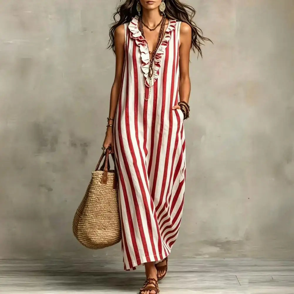 Women Striped Cotton Linen Maxi Dress Sleeveless Ruffle V Neck Long Dress Boho Beach Flowy Sundress with Pockets Elegant Women D