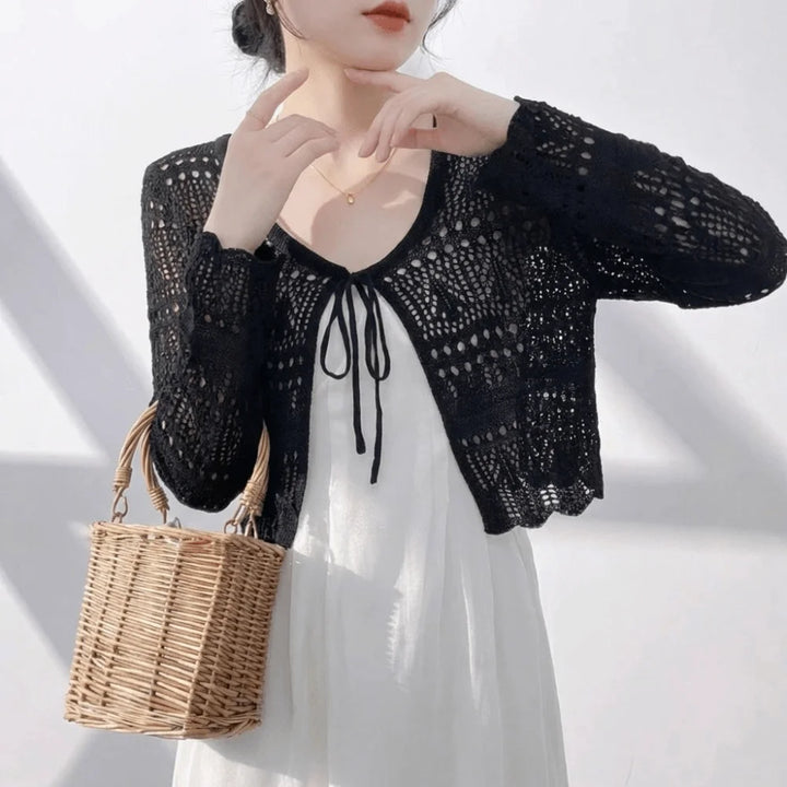 Fashion Hollow Out Knitted Cardigan Thin V-Neck Sun-Proof Tops Long Sleeve Casual Outwear Summer