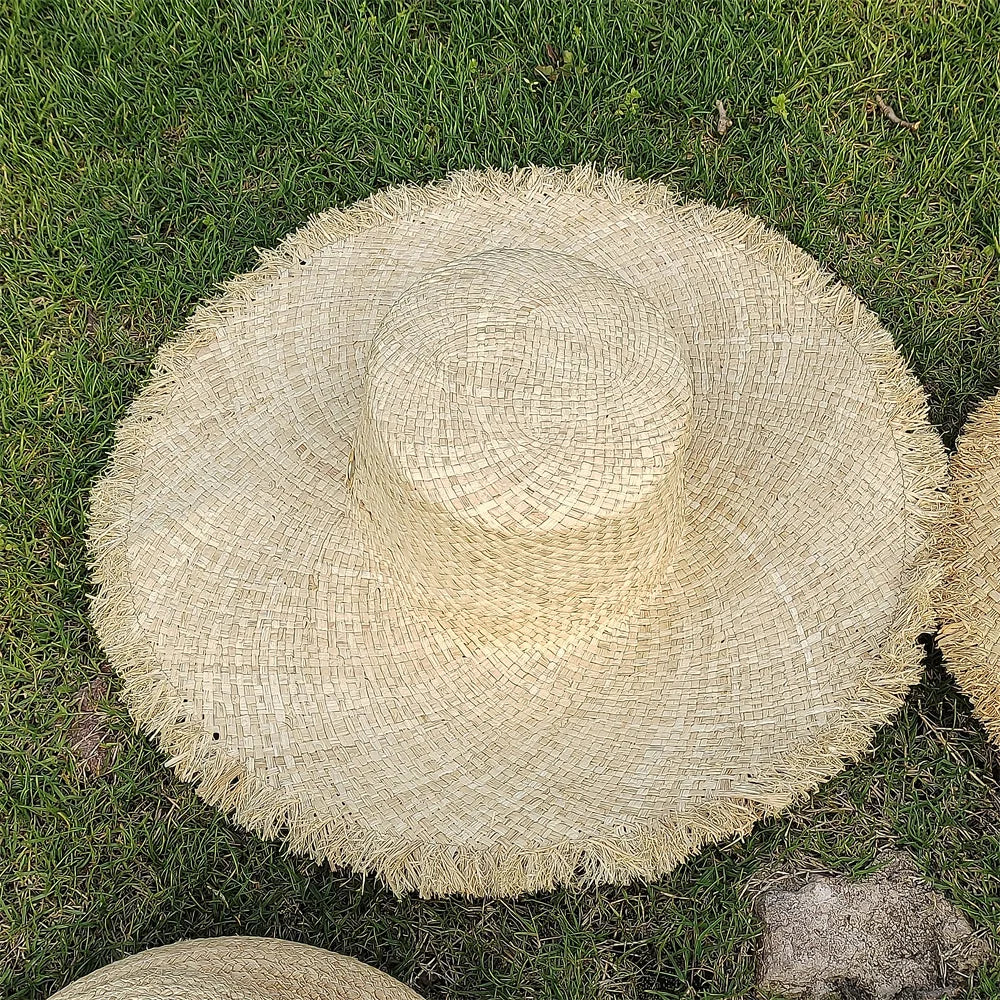 Large Brim Straw Hat Raffia Hand-woven Pattern Straw Hat Sun Protection Beach Sun Hat Women&