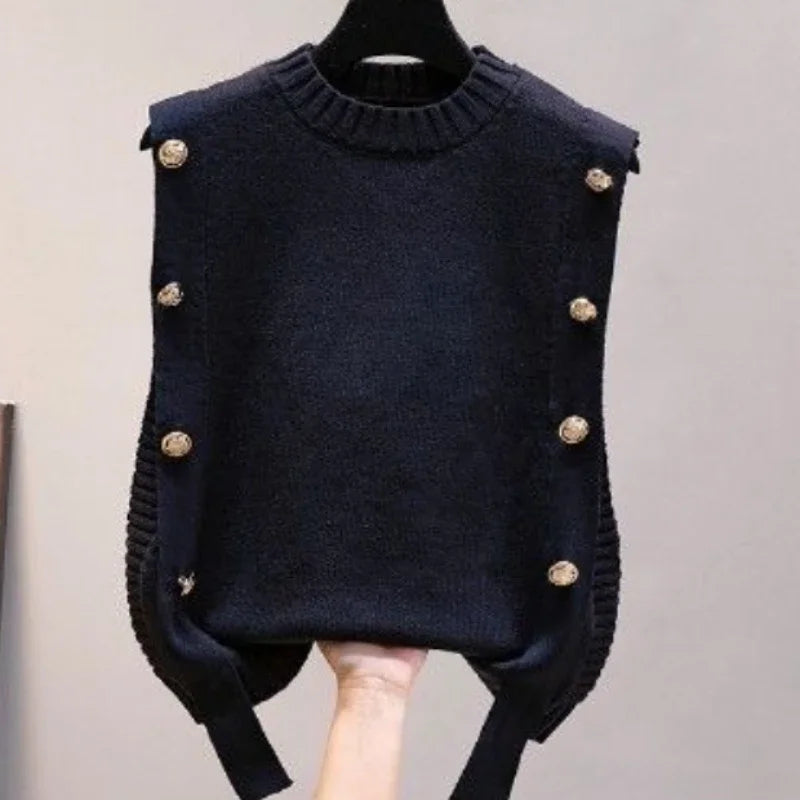 Black Knit Tops For Woman Red Winter Button Round O Neck Women&