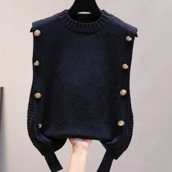 Black Knit Tops For Woman Red Winter Button Round O Neck Women&