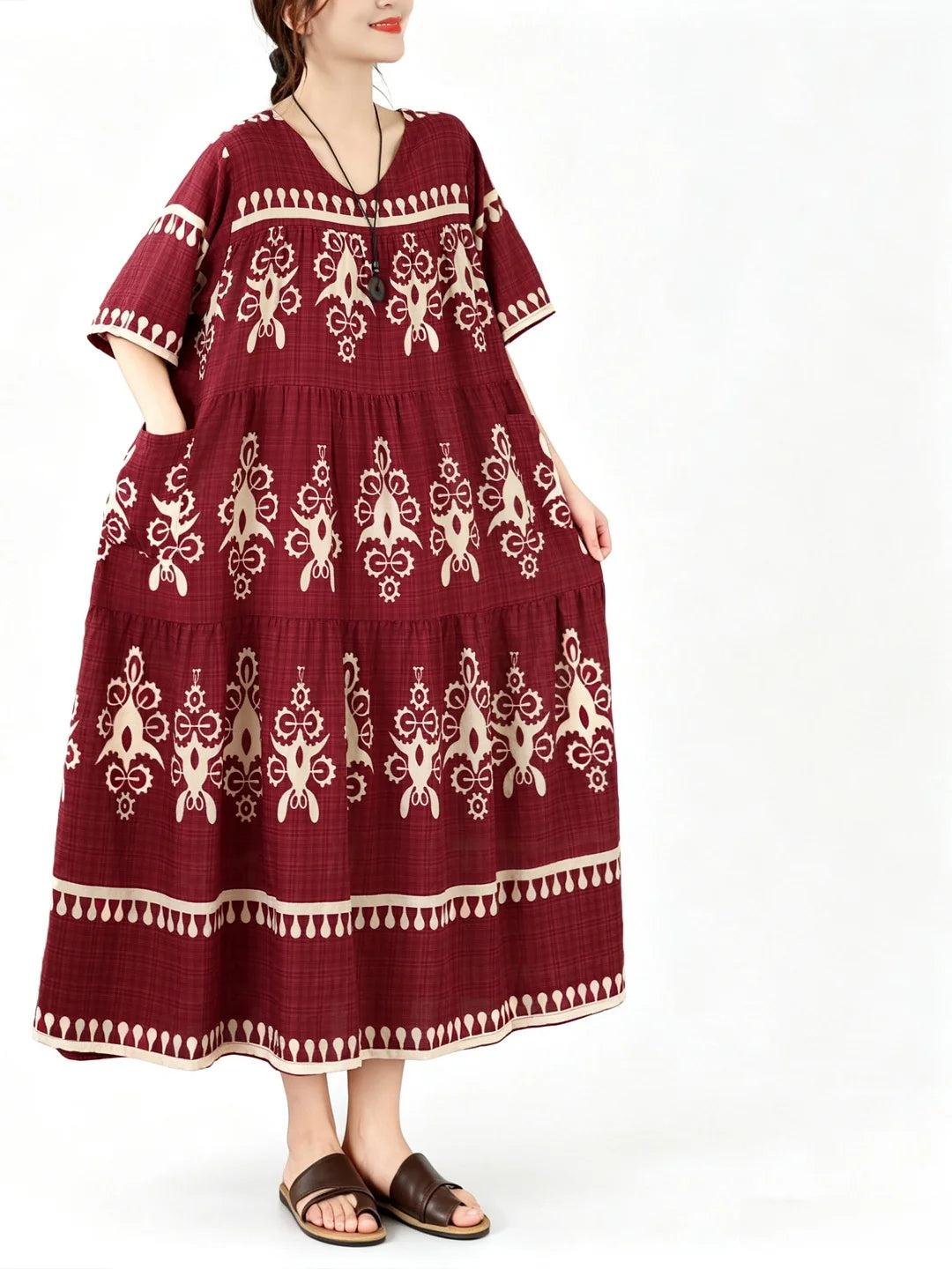 Loose Fit Floral Print Maxi Dress Ethnic Style Women&
