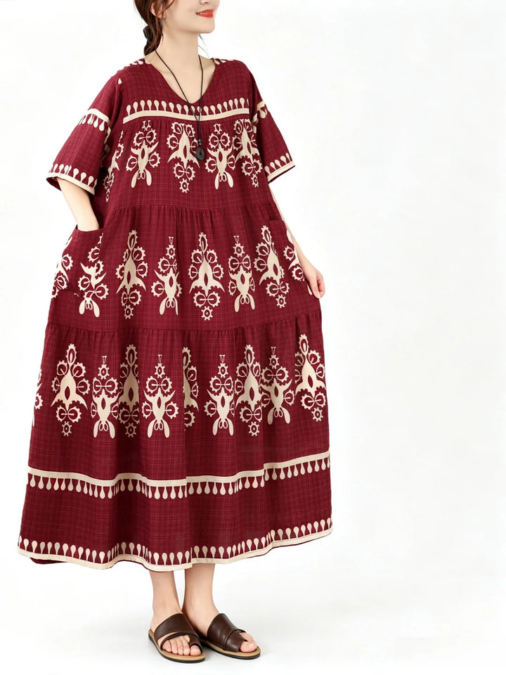 Loose Fit Floral Print Maxi Dress Ethnic Style Women&