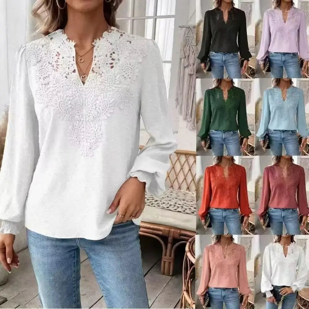 2026 New V-Neck Lace Splicing Long Sleeve Casual Shirt Women&