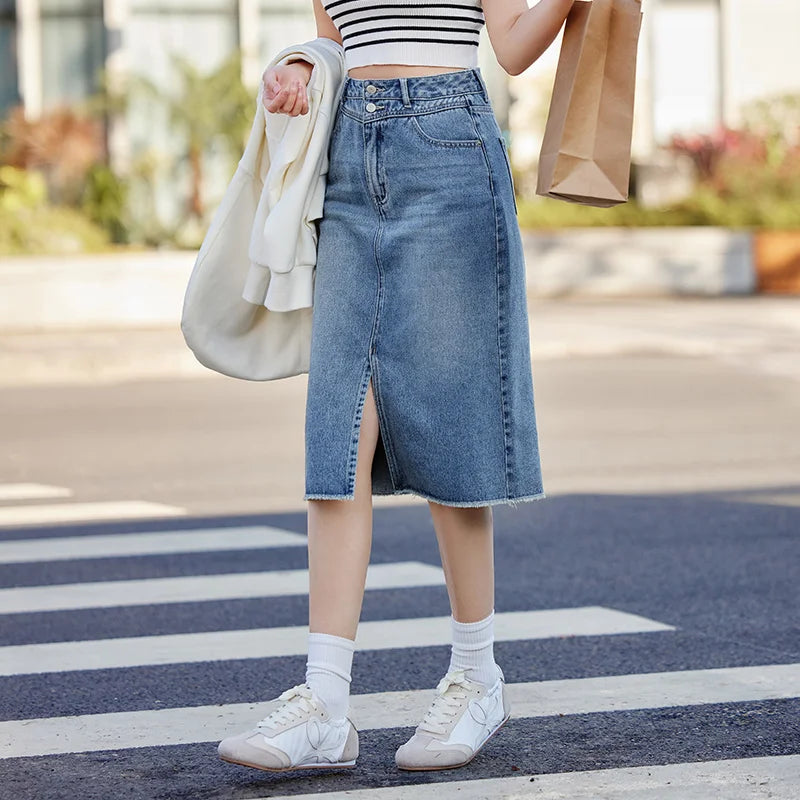 Semir Denim Skirt Women High-waisted Slit 2024 New Spring Straight Skirt