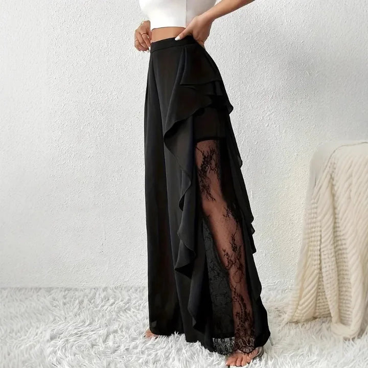Wide Leg Pants Women Autumn Spliced Ruffles Lace Sheer Mesh Irregular Black Elegant Pants Office Lady Commuter Tierred Trousers