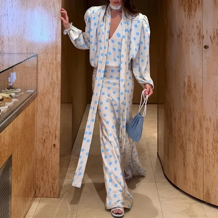 Women Elegant Polka Dot Maxi Dress 2026 new Ladies V-neck long sleeves Waist Cinched Evening Dress French Vestidos
