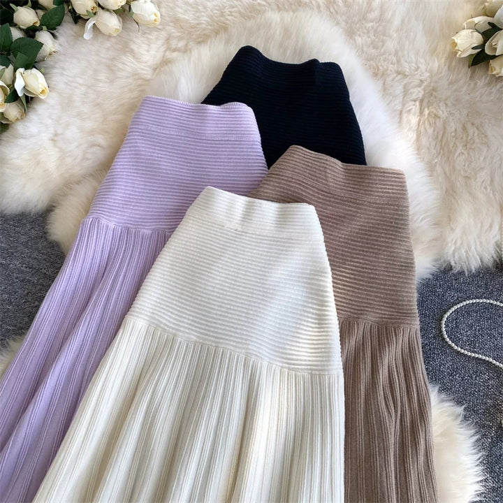 Women Ribbed Knit Pleated Midi Skirt Elastic High Waist A Line Flowy Long Skirt Korean Solid Color Casual Winter Knit Skirts