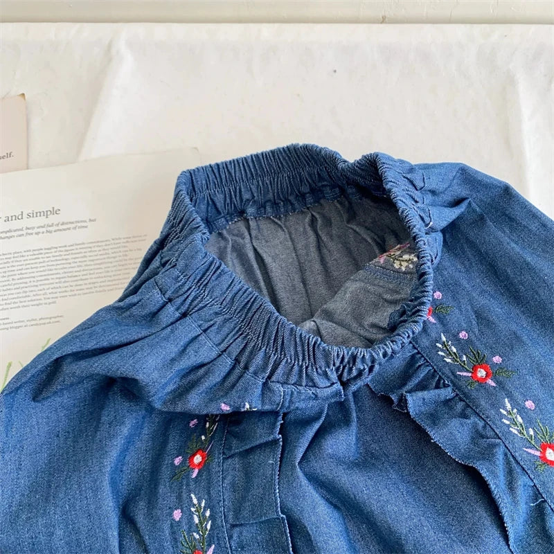 Women Denim Midi Skirt Vintage Floral Embroidery Ruffled Split A‑Line Skirt Elastic High Waist Casual Boho Long Jean Skirt