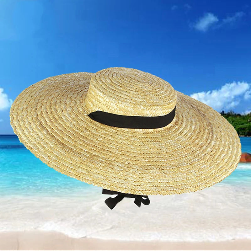 Wide Brim Straw Hat For Women Long Ribbon Ladies Beach Hat Summer Sun Visor Cap Flat Top Large Brim Tie Straw Straw Hat
