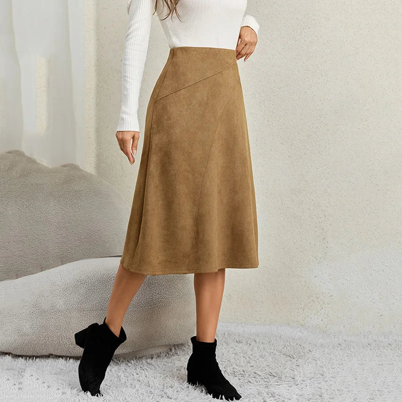 Elegant Faux Suede A Line Skirts Women Autumn Winter Zipper High Waisted Midi Skirt Woman Solid Color Patchwork Thick Skirts
