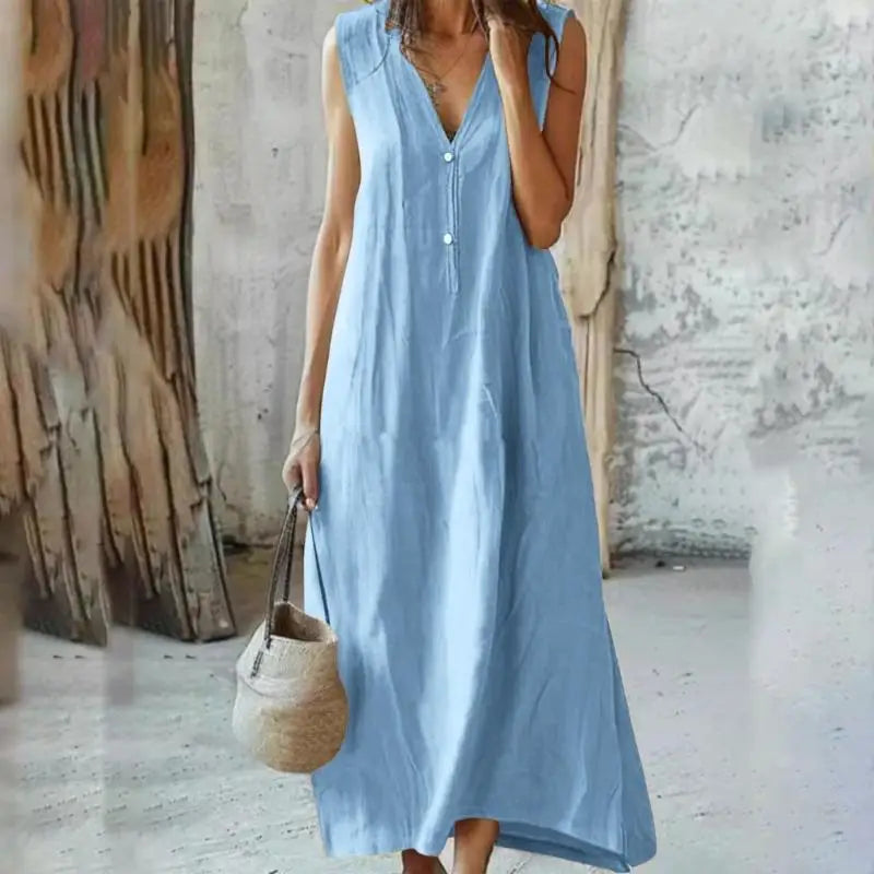 Y3NE Womens Cotton Linen Dress Casual V-Neck Sleeveless Spring Maxi Dresses Beach Dresses Vacation Outfits