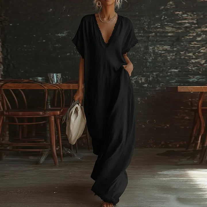 Comfy Loose Fit Linen Cotton Maxi Dress Women Elegant V Neck Lace Trim Casual Dress Spring Summer Short Sleeve Pocket Boho Dress