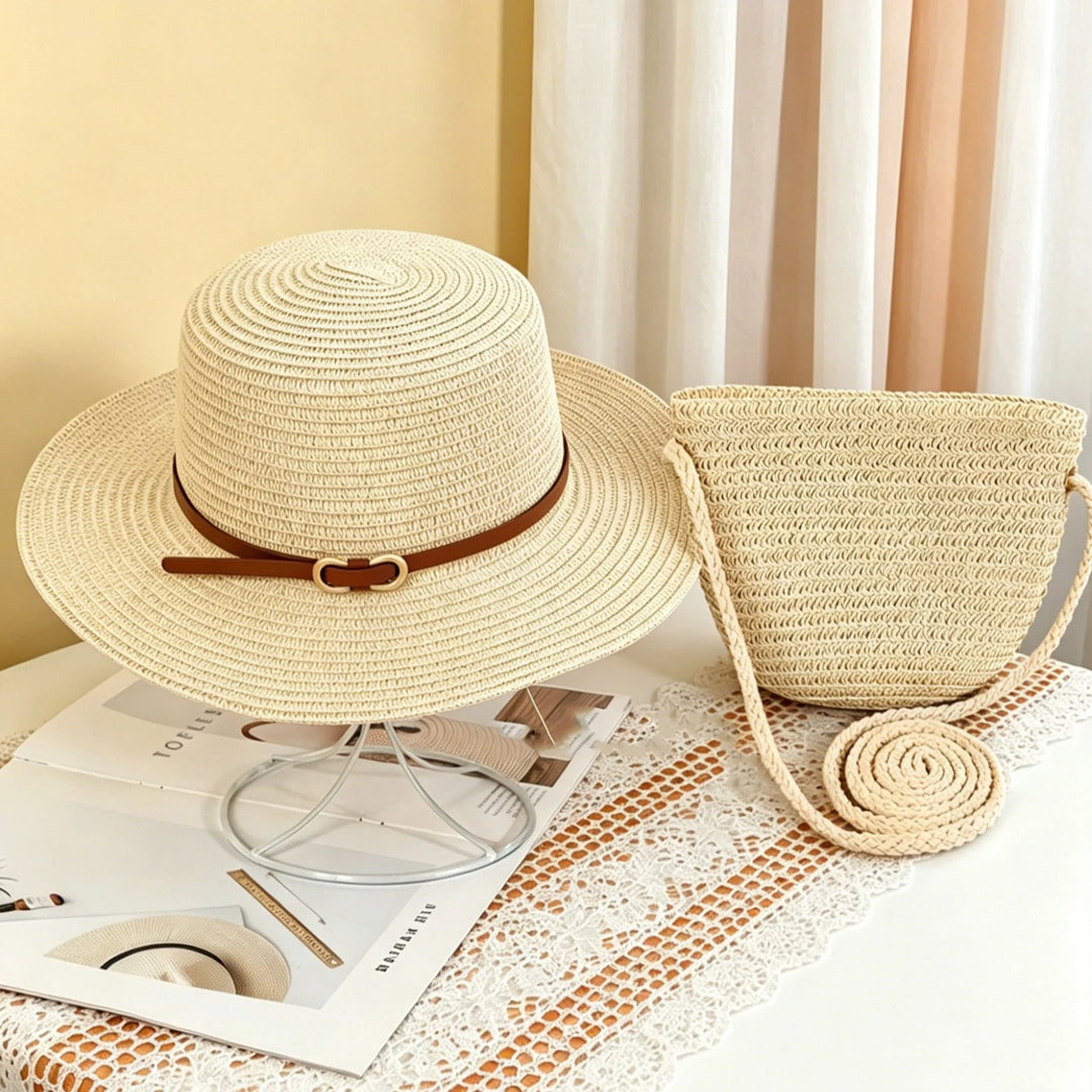 Wide Brim Straw Hats bag set for Women Summer Flat Top Caps Travel Beach Lady Girl Sun Panama Hats Crossbody bag beach bag