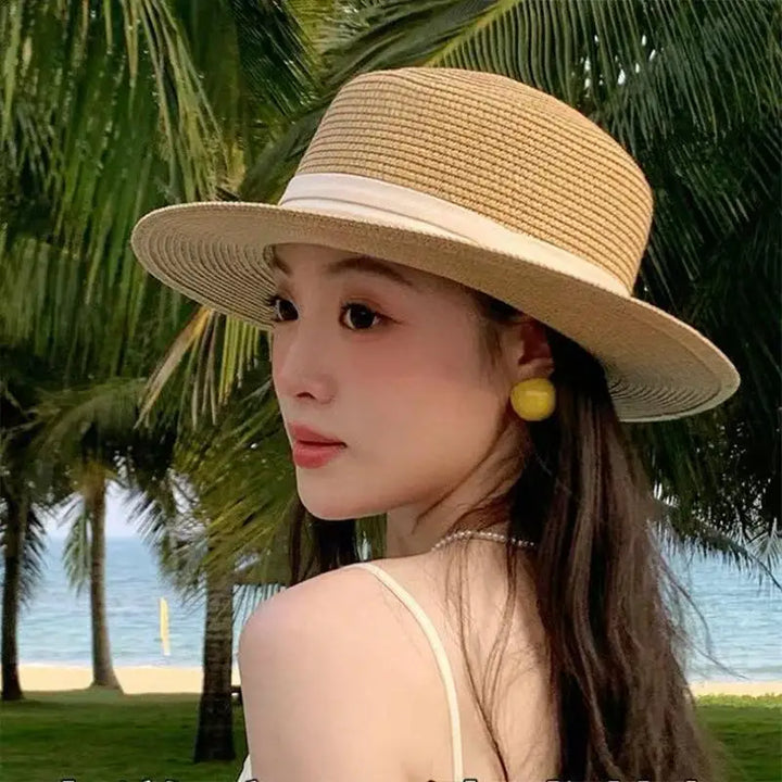 Straw Hat Women French Style Flat Top Wide Brim Sun Protective Hat Summer Beach Vacation Travel FashionHot