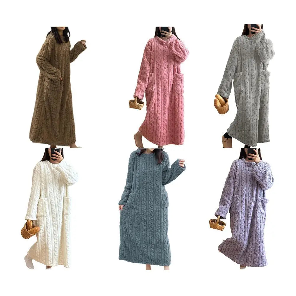 Winter Women Flannel Nightgowns Long Sleeve Double Pocket Loose Solid Sleepwear Jacquard Night Dress Thickened Warm Nightdress