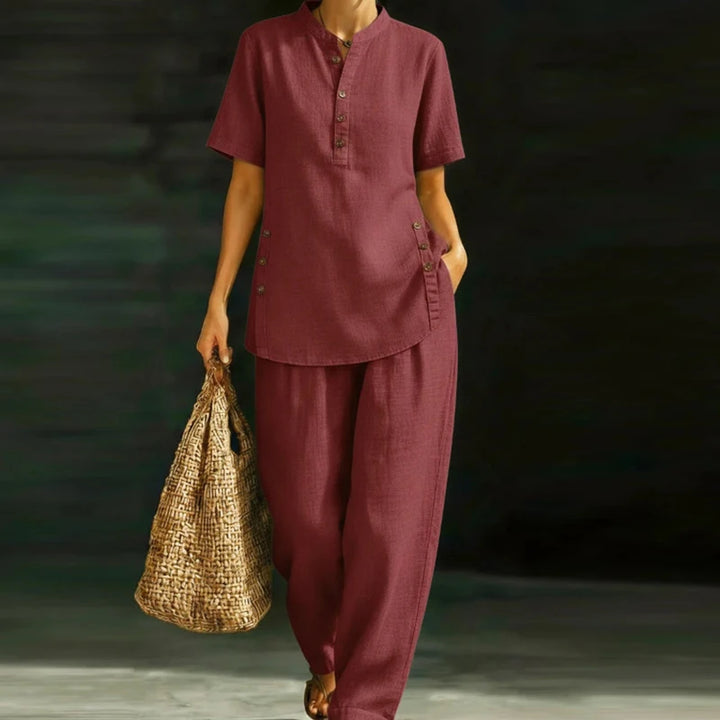 Fashion Cotton Linen Short Sleeve O Neck Button Shirt Wide Leg Pants Suit Women Casual Two Piece Sets Summer Office 2PCS