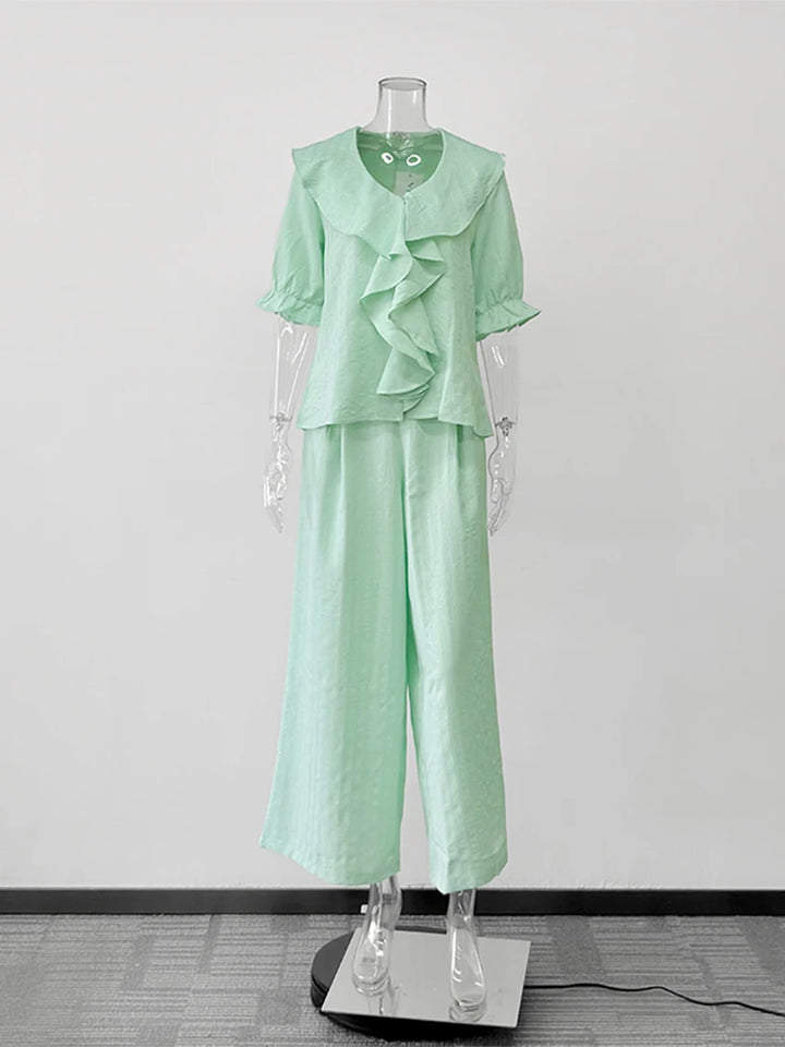Women Linen Pajama 2 Piece Set Short Sleeve Front Ruffle Shirt PJs Pants Lounge Cute Sleepwear Casual Homewear Set