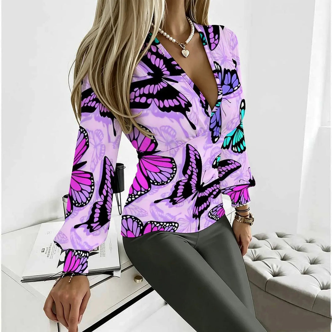 Women V Neck Long Sleeve Blouse Print Slim Fit Elegant Office Party Ladies Casual Tops